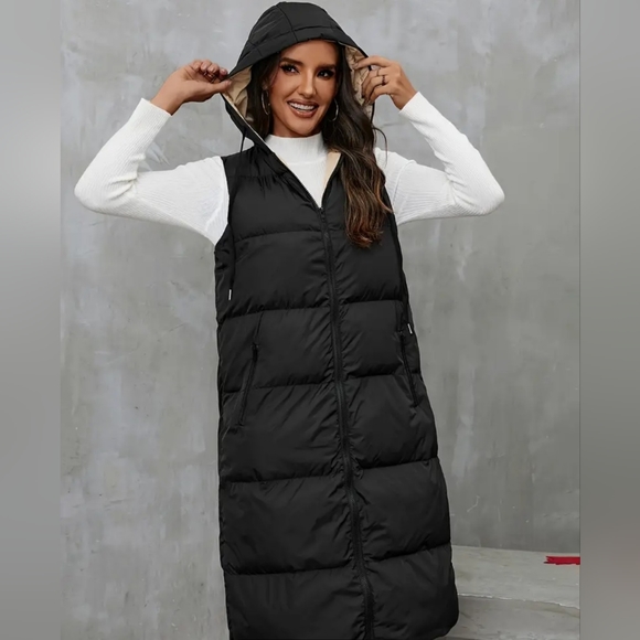 Black Zip Up Puffer Vest Hoodie With Pockets - Picture 6 of 6